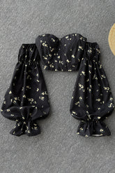 Chemisier fleuri sans bretelles, élastique, froncé, slim, manches longues, épaules dénudées, chemisier court